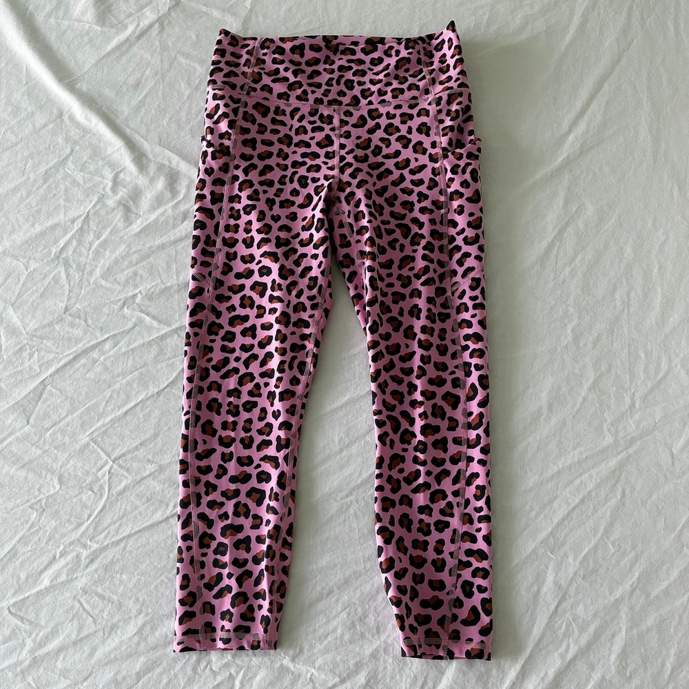 Fabletics PureLuxe Pink Leopard Print Leggings with Pockets 7/8 Length Size S
